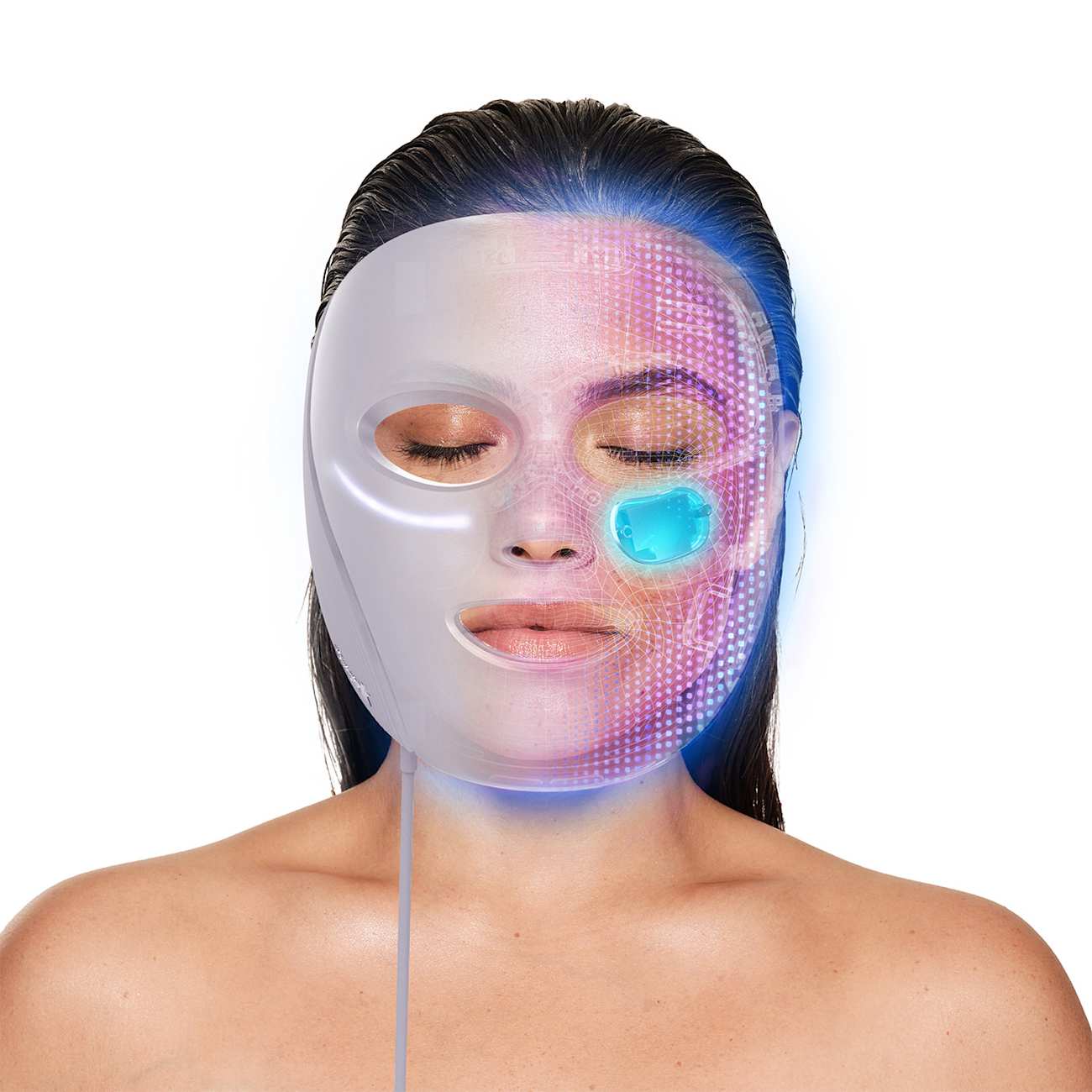 Masque LED CryoGlow porté, rafraîchissement InstaChill du contour des yeux