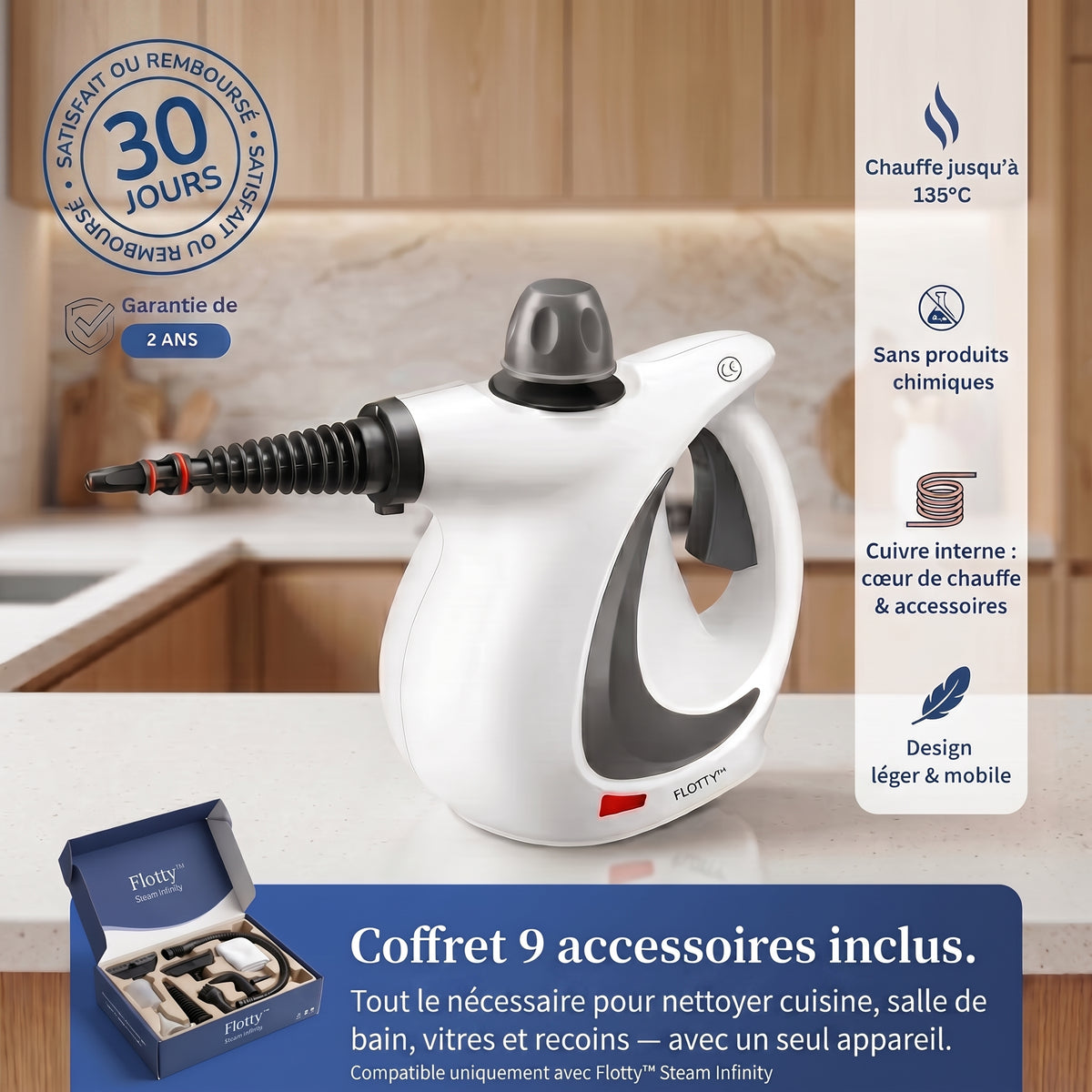 Nettoyeur vapeur à main avec coffret d'accessoires