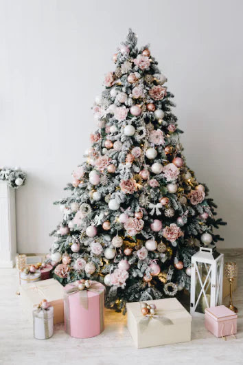 Sapin or rose avec fleurs et boules rosées