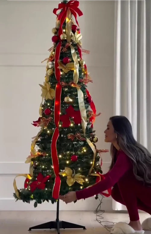 Sapin rouge avec rubans, ouverture en une minute